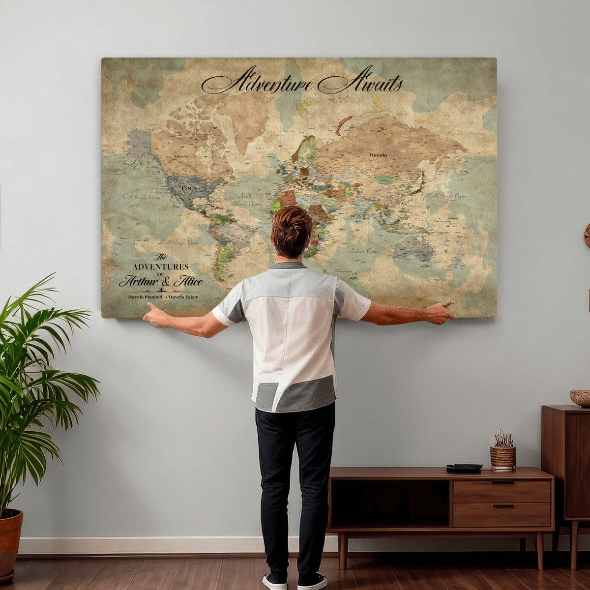 Custom Beige World Travel Map Wall Art with Pins, Bucket List Map, Dining Room and Study Decor