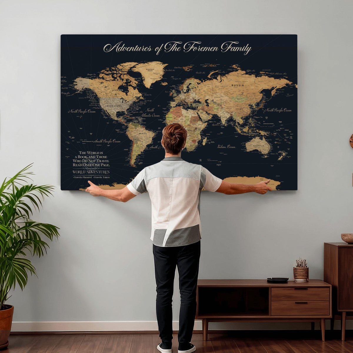 Personalized White Minimalist World Travel Map Wall Art with Pins, Places Visited Tracker, Entryway and Hallway Decor