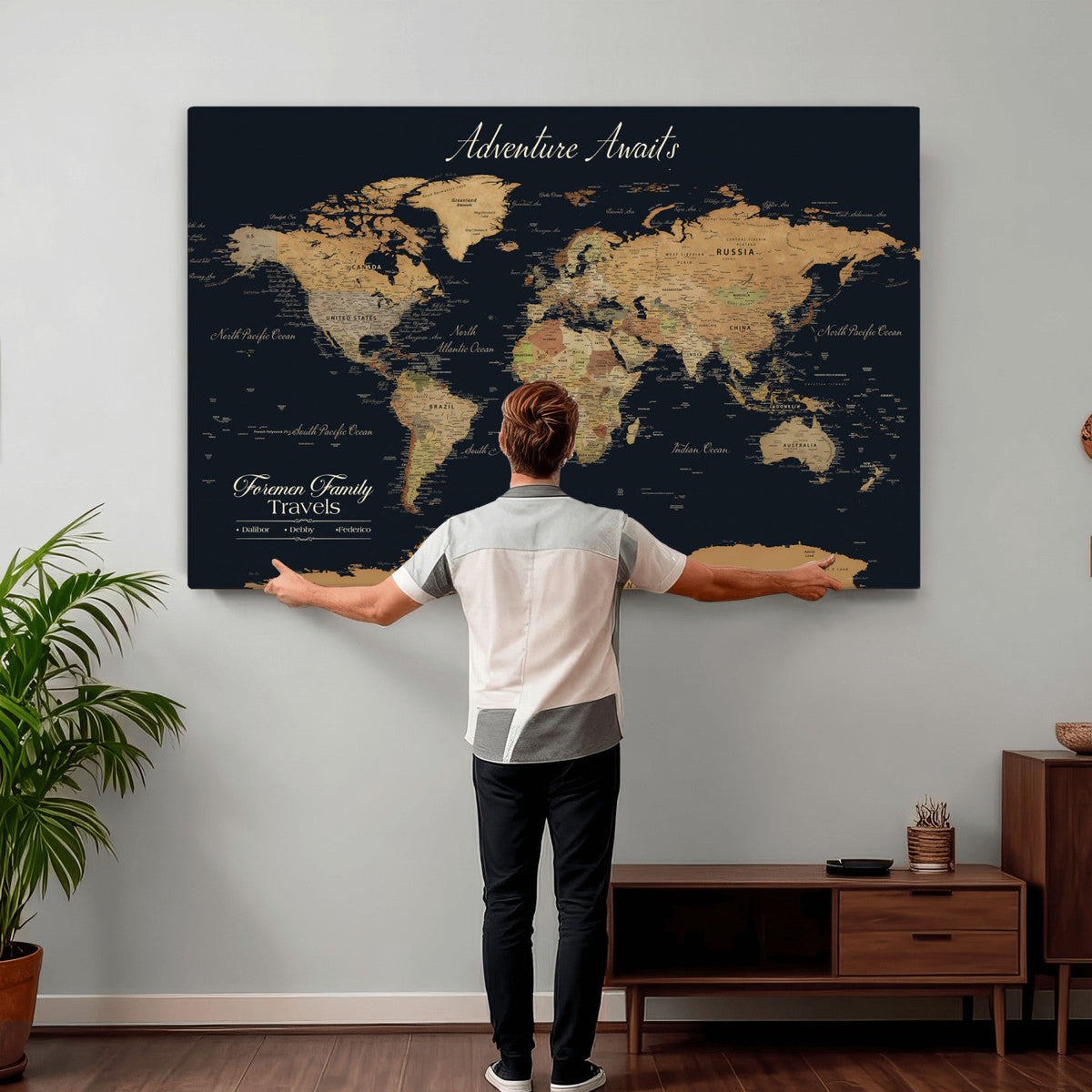 Personalized Framed Beige Geometric Family Push Pin World Map Canvas Print, Next Trip Planner Map, Family Room and Entryway Decor