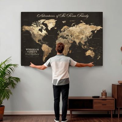 Personalized Framed Beige World Travel Map Wall Art with Pins, Couples Countries Visited Map, Family Room and Dining Room Decor