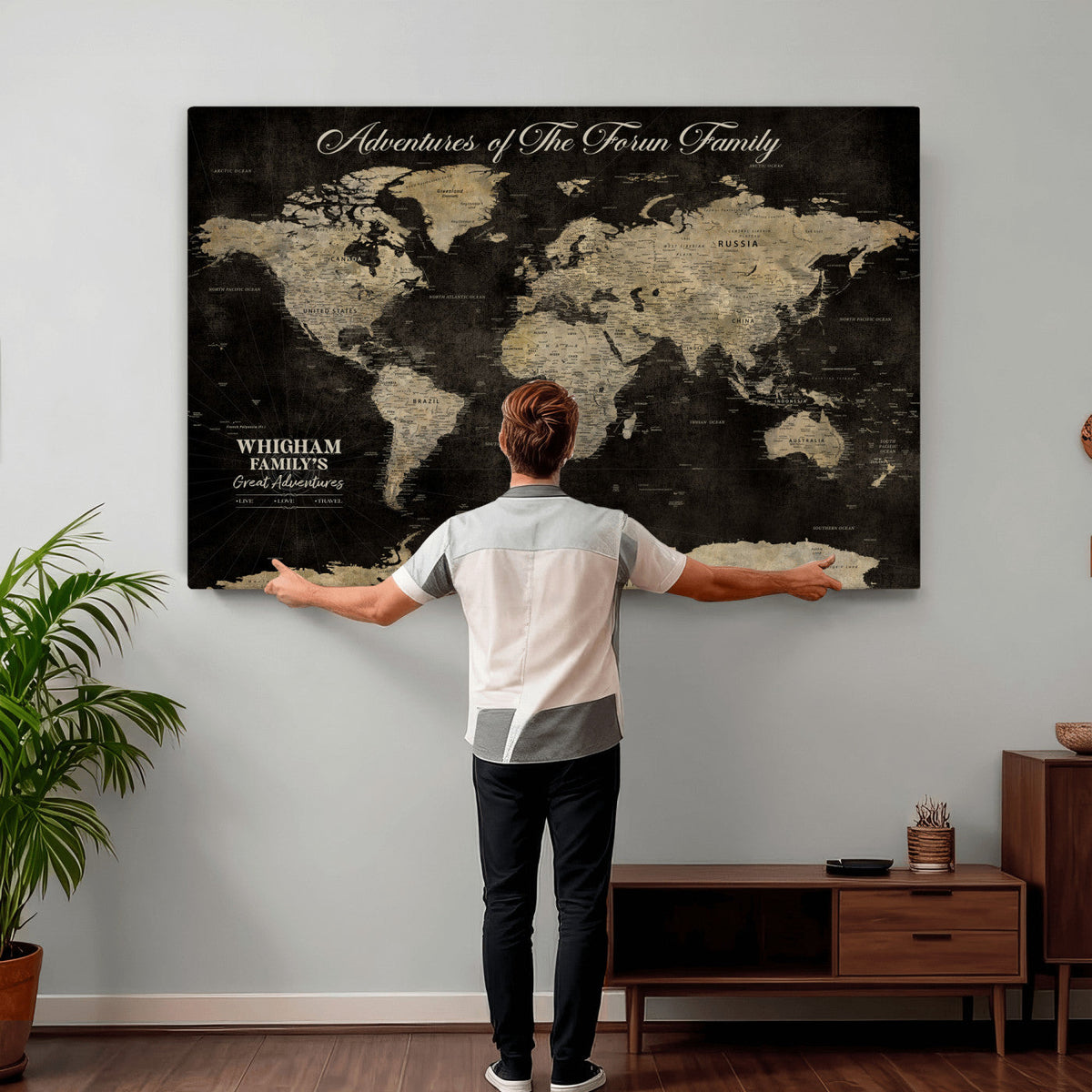 Personalized Framed Black Modern World Map Canvas with Push Pins, Next Trip Planner Map, Dining Room and Home Office Decor
