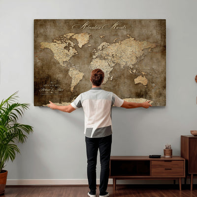 Personalized Framed Beige Push Pin Travel Map Canvas Print, Bucket List Map, Bedroom and Study Decor
