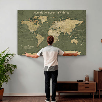 31715895-MGV-CV-36X24 - Custom Push Pin World Map Wall Art Canvas Print | Personalized Travel Tracker with Pins Framed Large for Home and Office Decor