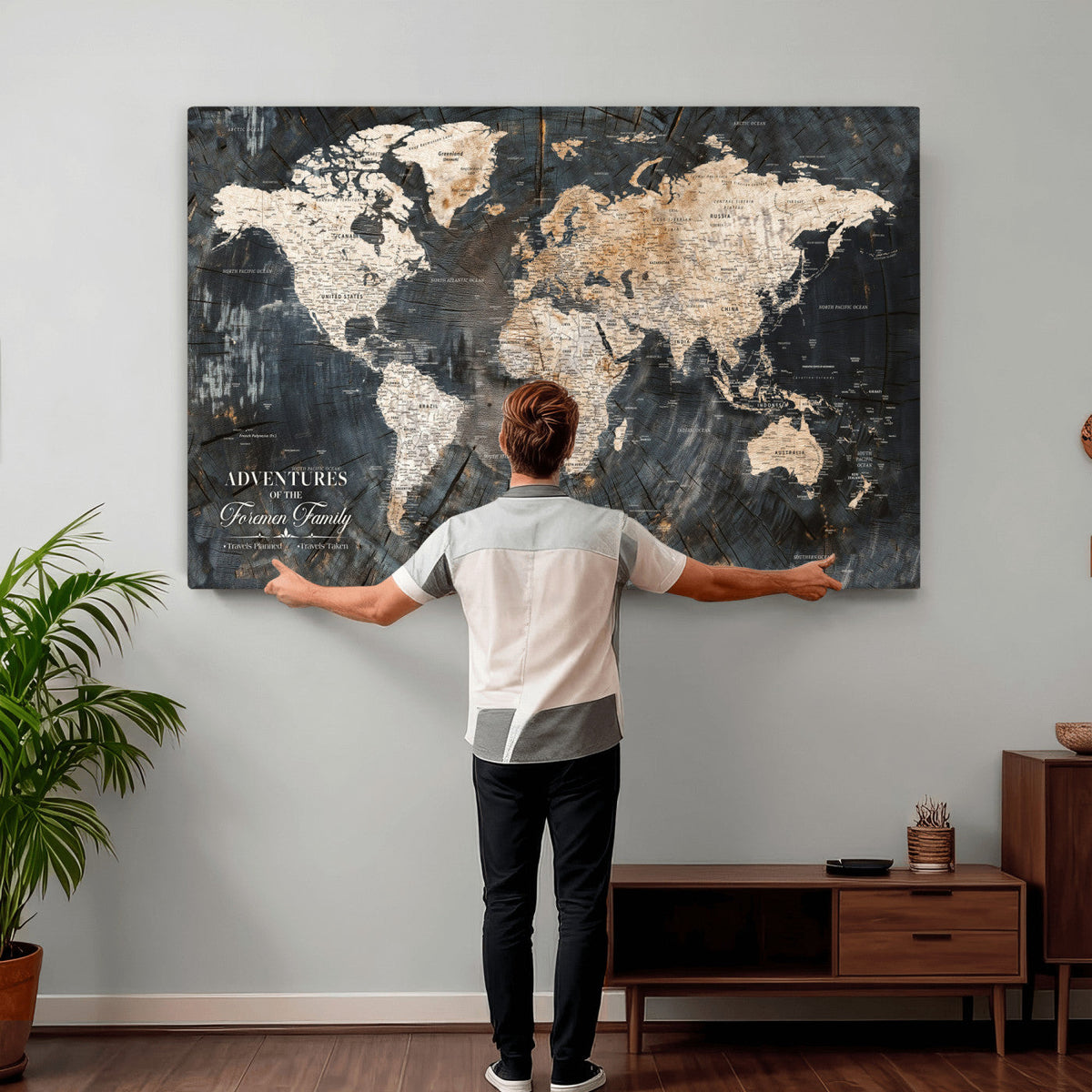 Personalized Framed Beige Push Pin World Map Canvas Print, Bucket List Map, Living Room and Hallway Decor