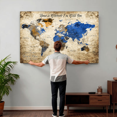 Personalized Framed Beige World Map Canvas with Push Pins, Honeymoon and Anniversary Gift, Living Room and Home Office Decor