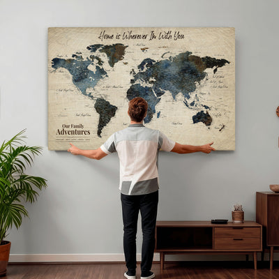 Personalized Framed Black Modern Push Pin Travel Map Canvas Print, Family Travel Tracker, Home Office and Entryway Decor