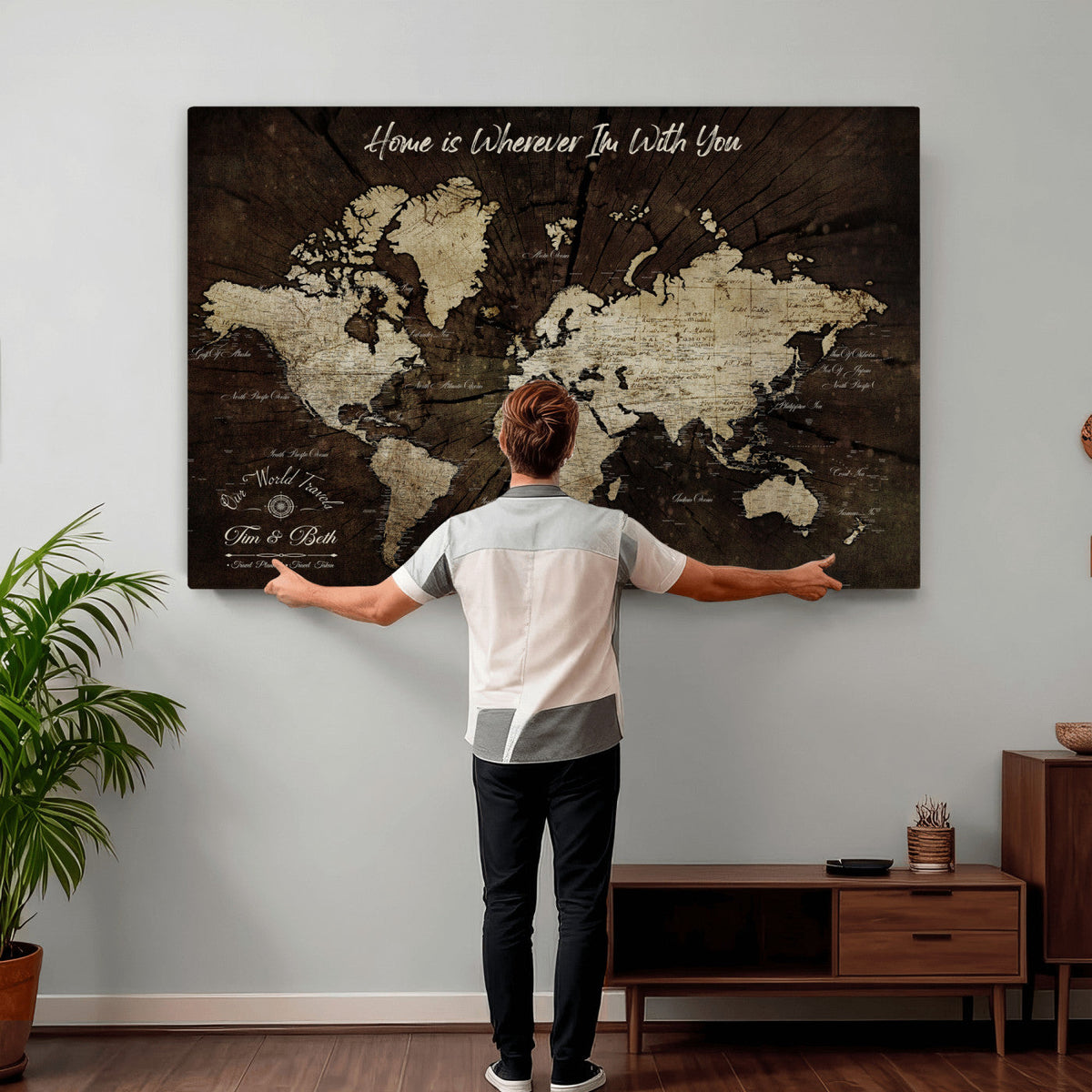 Personalized Watercolor Push Pin World Map Canvas Wall Art, Custom Framed Travel Map - NEWMAP-094