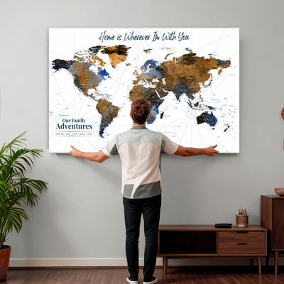 Personalized Framed Beige Modern Push Pin World Map Wall Art, Next Trip Planner Map, Family Room and Home Office Decor