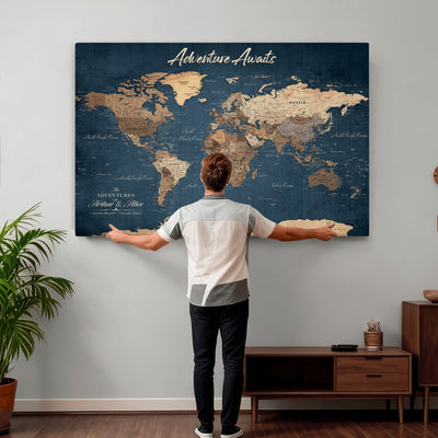 Personalized White Vintage World Travel Map Wall Art with Pins, Next Trip Planner Map, Family Room and Dining Room Decor