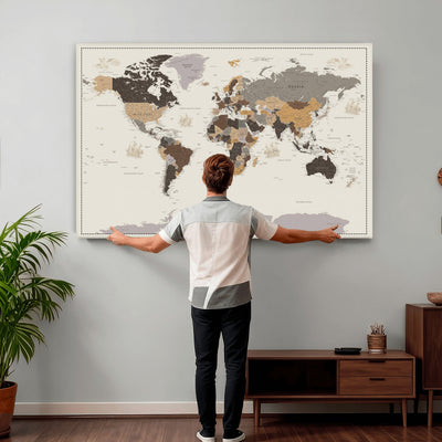 58777746-MGV-CV-36X24 - Custom Beige Modern Push Pin World Map Canvas Print, Places Visited Tracker, Bedroom and Study Decor