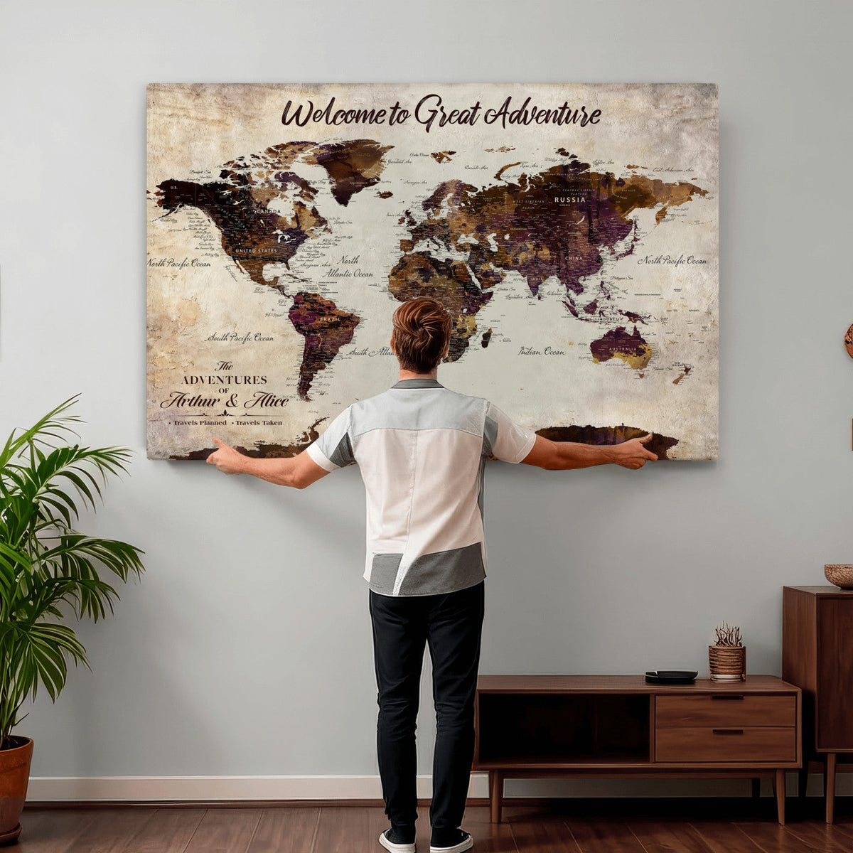 64110391126-MGV-CV-36X24 - Custom Beige World Travel Map Wall Art with Pins, Places Visited Tracker, Family Room and Entryway Decor