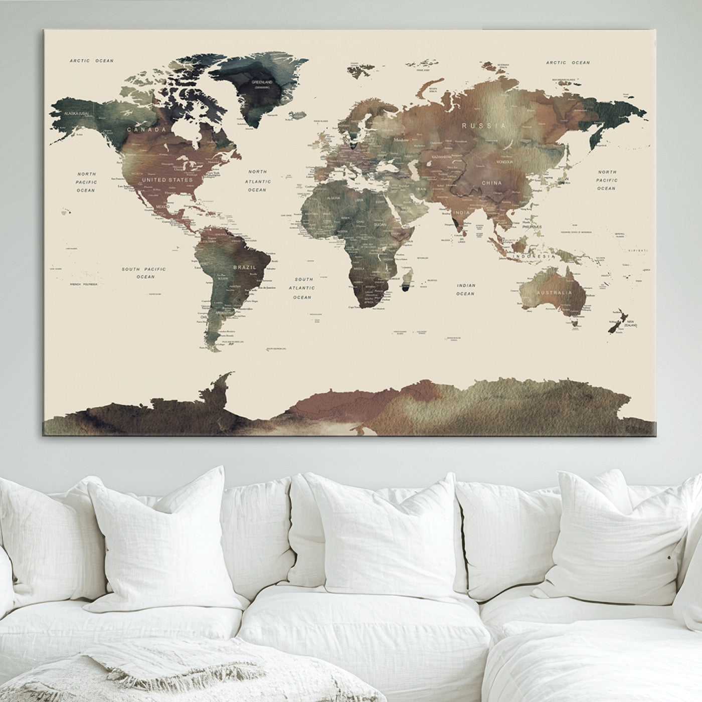 Push Pin World Map Canvas Print – Framed Wall Art for Couples to Track Their Travels – Anniversary Gift or Home Adventure Decor