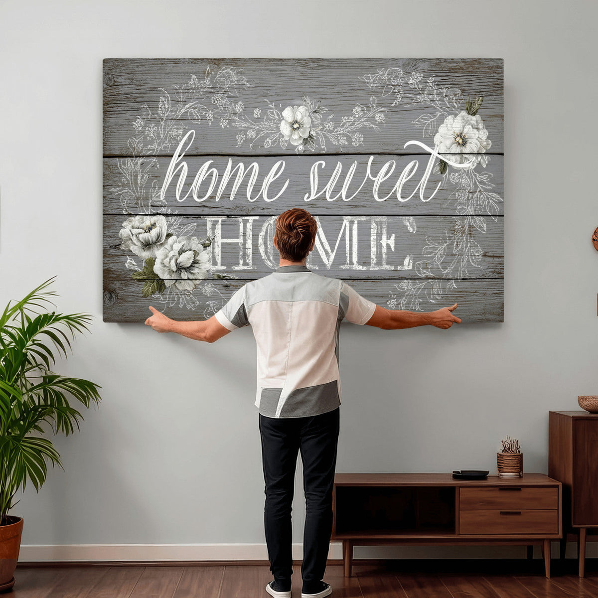 Home Sweet Home Sign Wall Art Canvas Print, Floral Farmhouse Decor