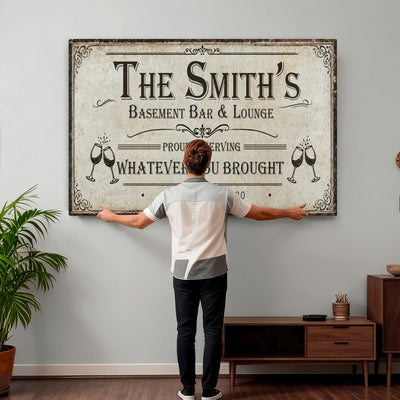 Custom Basement Bar & Lounge Sign Canvas, Personalized Family Name Art