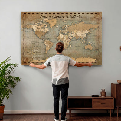 97123877-MGV-CV-36X24 - Vintage Custom Push Pin World Map Print - Vintage Travel Map Canvas, Personalized Names Anniversary Gift, Places Visited Pin Board