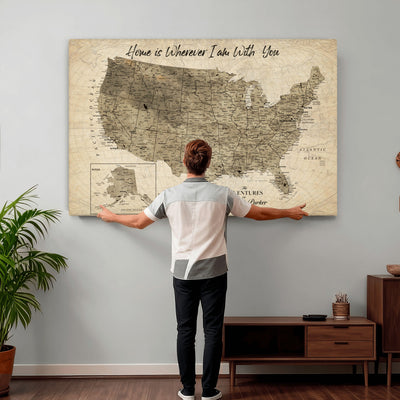 25440520-MGV-CV-36X24 - Detailed Personalized Push Pin United States Map Wall Art, States Visited Map, Office and Hallway Decor
