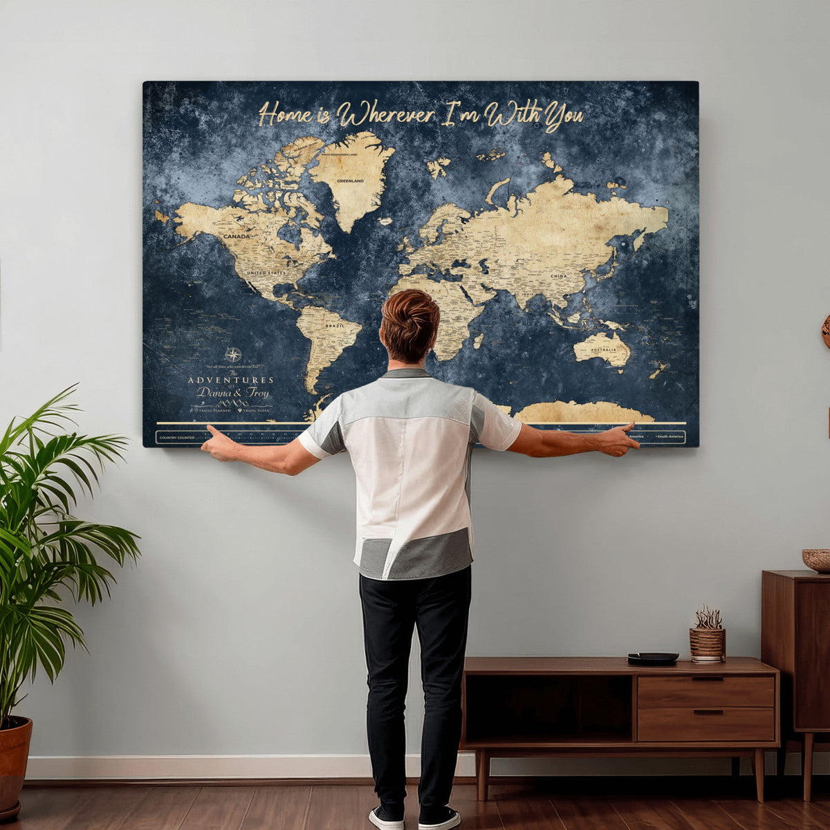 400867BL-MGV-CV-36X24 - Framed Blue Custom Push Pin World Map Canvas Print | Personalized Travel Map Wall Art