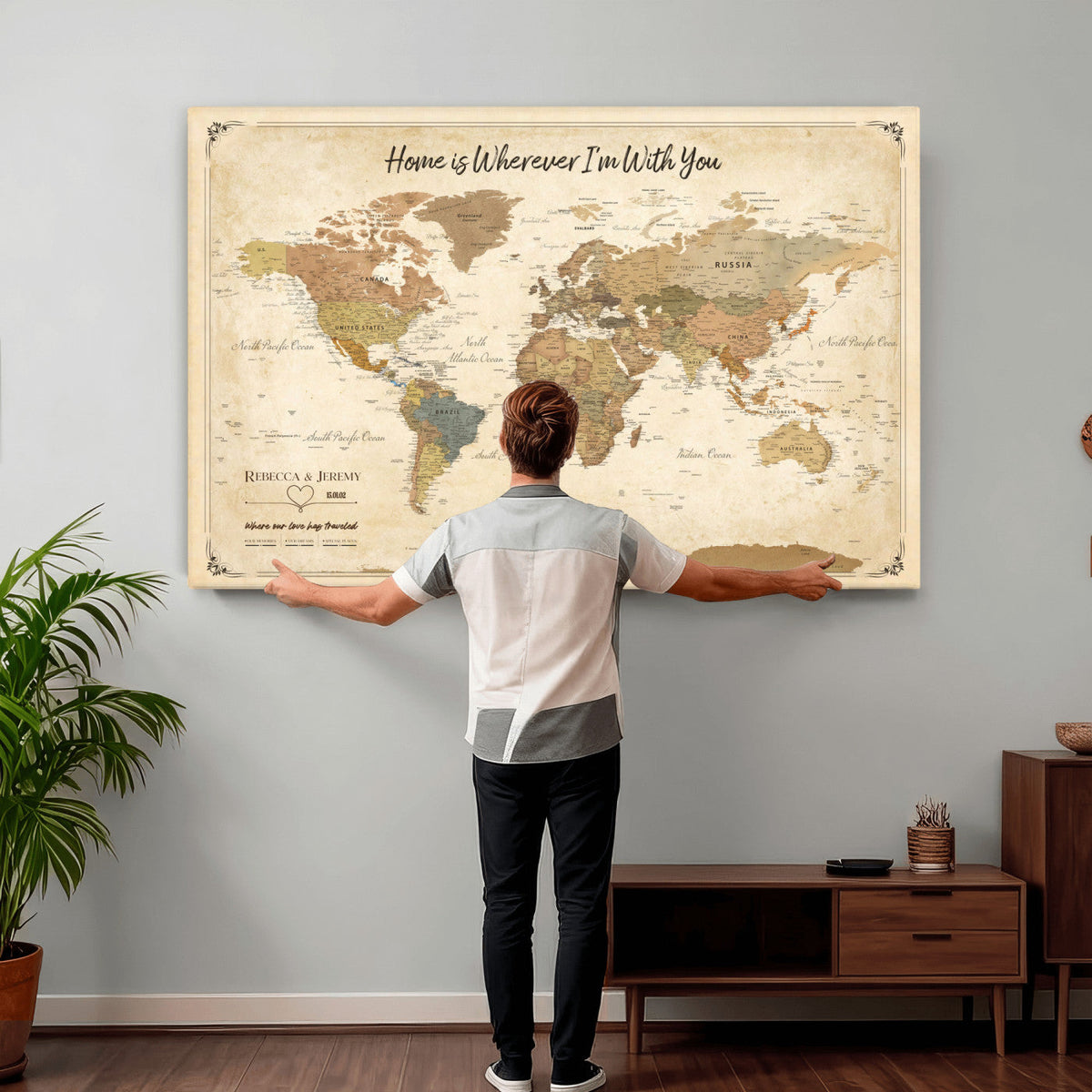 40086165SP-MGV-CV-36X24 - Custom Push Pin Travel Map Canvas Print, Cream Personalized Travel Tracker Map, Anniversary Gift, Vintage World Map Wall Art