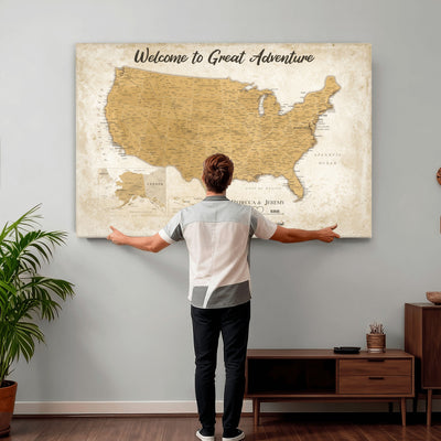 81437082-MGV-CV-36X24 - Custom Push Pin Travel USA Map Canvas Print, Cream Personalized Travel Tracker America Map, Anniversary Traveler Gift