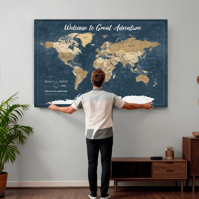 57167164-MGV-CV-36X24 - Custom Push Pin Travel Map Canvas Print, Cream Personalized Travel Tracker Map, Anniversary Gift, Vintage World Map Wall Art