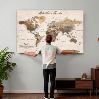 84865191-MGV-CV-36X24 - Our Family Adventures Push Pin World Map Wall Art Canvas Print - Family Travel Tracker Map with Pins