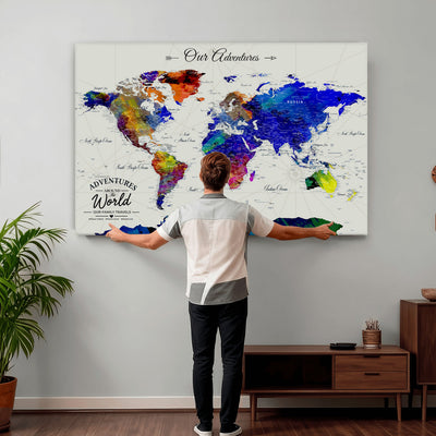 88162438-MGV-CV-36X24 - Our Family Adventures Push Pin World Map Wall Art Canvas Print | Family Travel Tracker Map with Pins