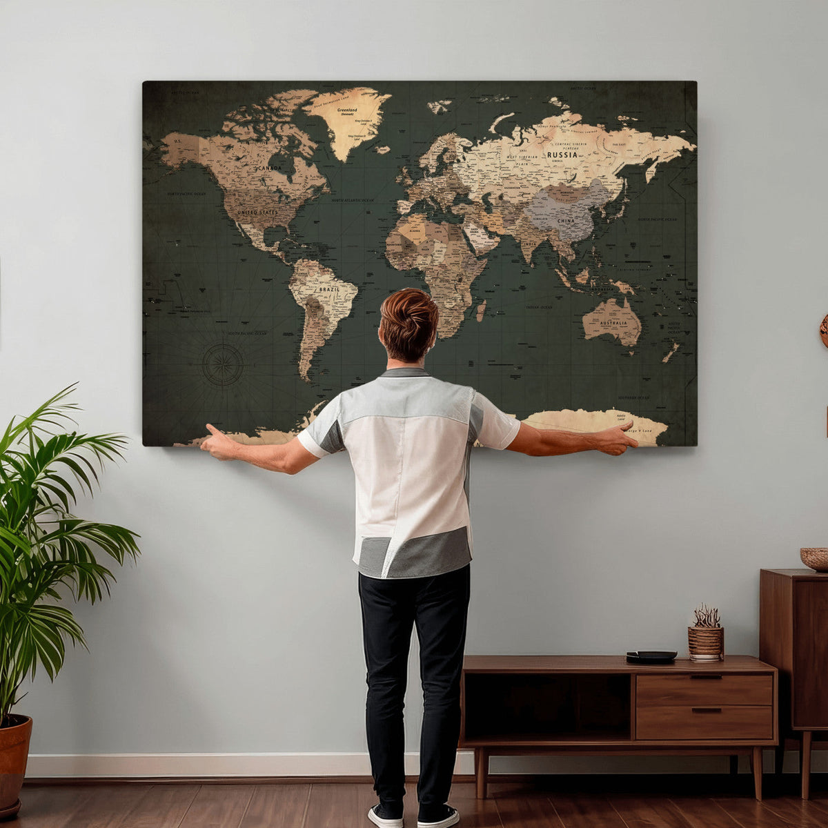 42327656-MGV-CV-36X24 - Extra Large Framed Personalize Push Pin World Map Wall Art Canvas Print for Travel Tracking - NEWMAP-116