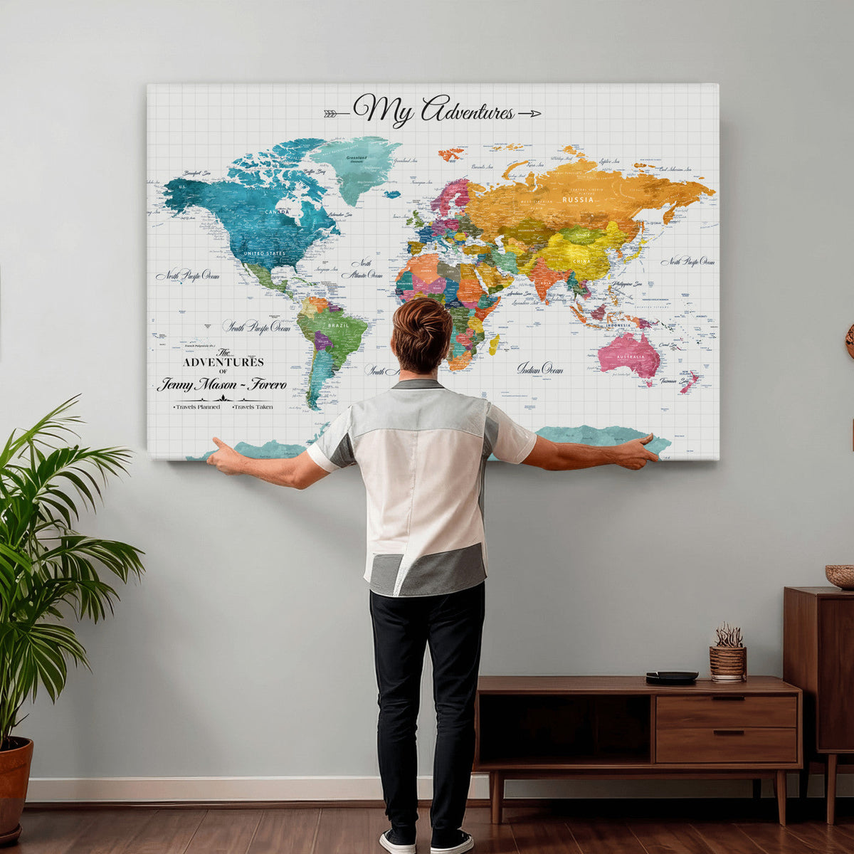 66743043-MGV-CV-36X24 - Extra Large Framed Personalize Push Pin World Map Wall Art Canvas Print for Travel Tracking - NEWMAP-131