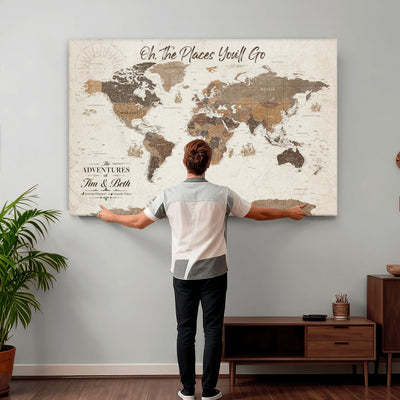 Personalized Beige Geometric Family Push Pin World Map Canvas Print, Honeymoon and Anniversary Gift, Living Room and Study Decor