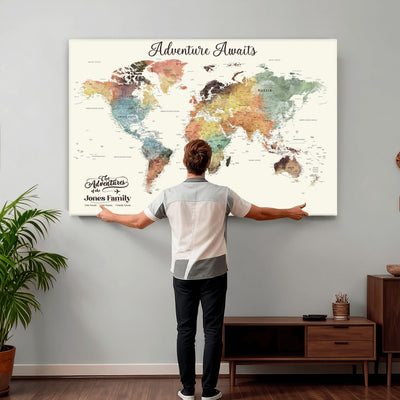 Personalized Framed Beige Modern Push Pin Travel Map Canvas Print, Family Travel Tracker, Bedroom and Home Office Decor