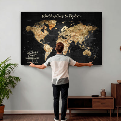 Personalized Beige Push Pin Travel Map Canvas Print, Family Travel Tracker, Bedroom and Entryway Decor