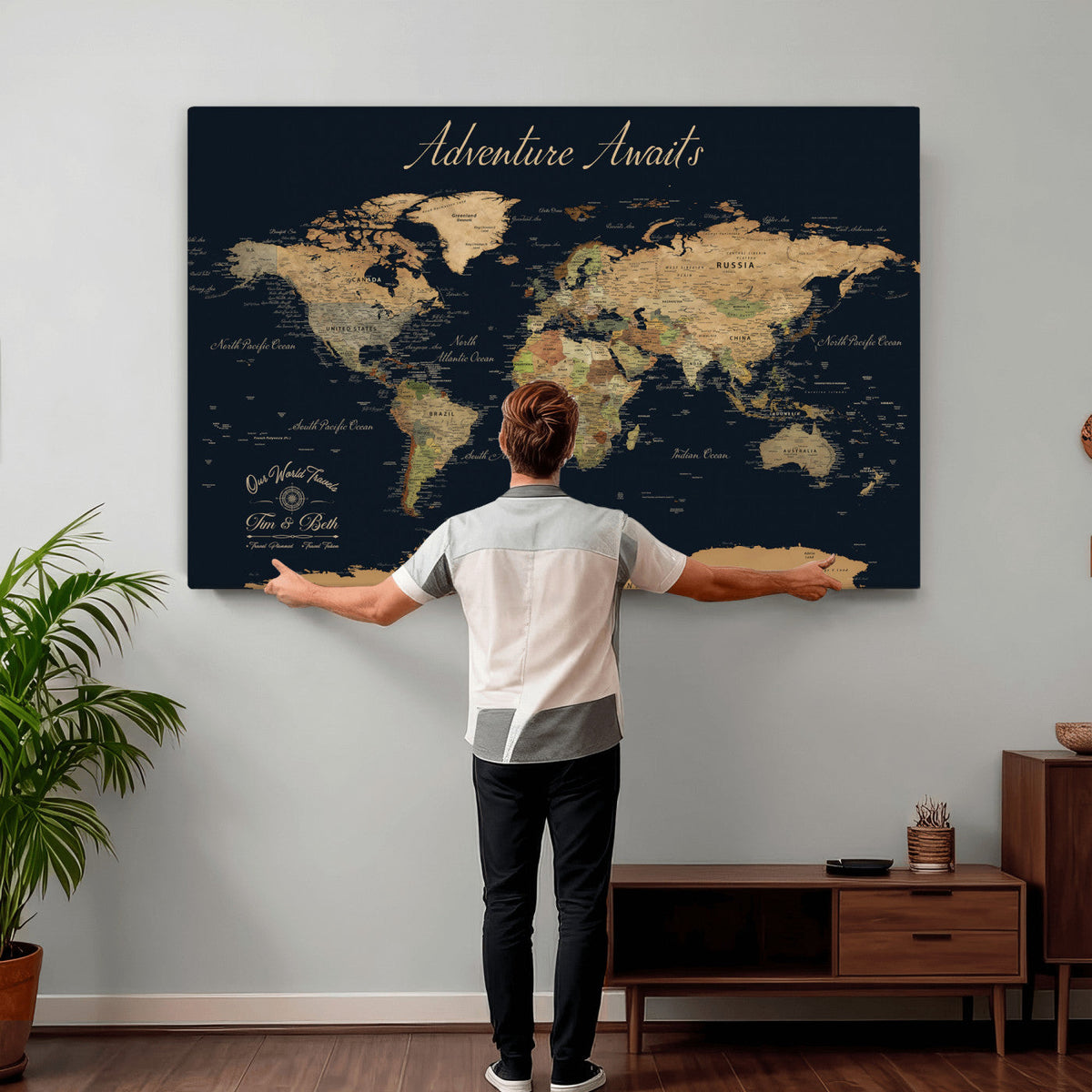 Custom Beige Push Pin World Map Wall Art, Family Travel Tracker, Home Office and Study Decor