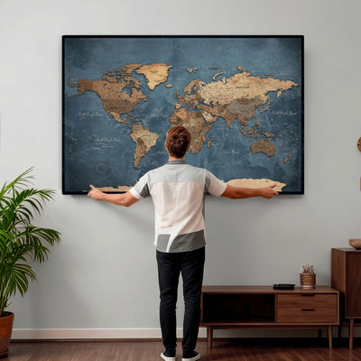 81949666D-MGV-CV-36X24 - Custom Push Pin World Map Wall Art Canvas Print – Personalized Travel Tracker with Pins Framed Large for Home and Office Decor