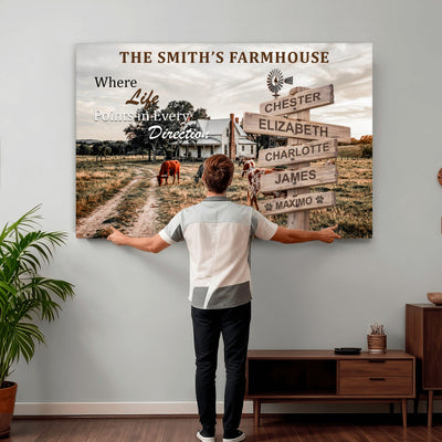 Personalized Farmhouse Family Signpost Canvas, Custom Name Wall Art