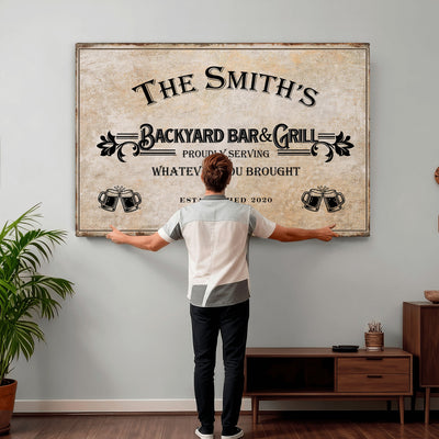 Custom Backyard Bar & Grill Sign, Personalized Family Name Arch Canvas