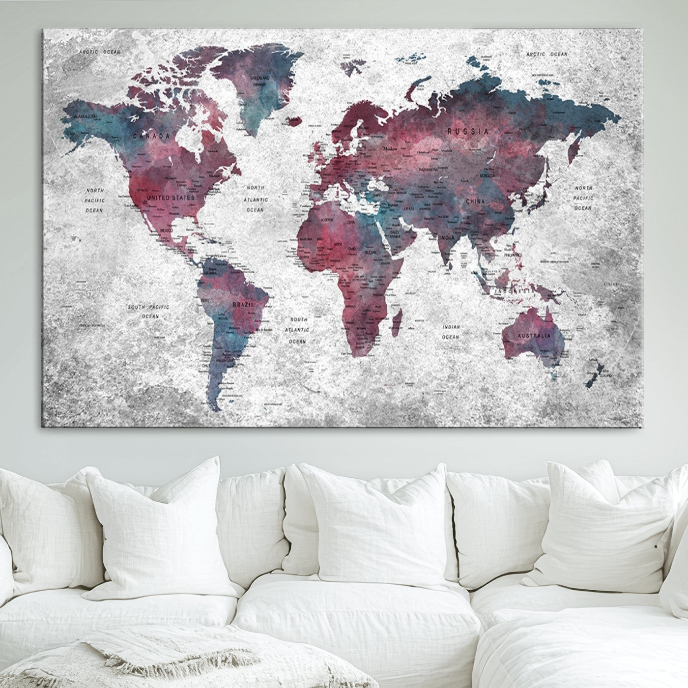 Push Pin World Map Canvas Print – Framed Wall Art for Couples to Track Their Travels – Anniversary Gift or Home Adventure Decor