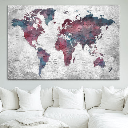 Push Pin World Map Canvas Print – Framed Wall Art for Couples to Track Their Travels – Anniversary Gift or Home Adventure Decor