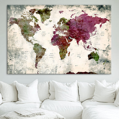 Push Pin World Map Canvas Print – Framed Wall Art for Couples to Track Their Travels – Anniversary Gift or Home Adventure Decor