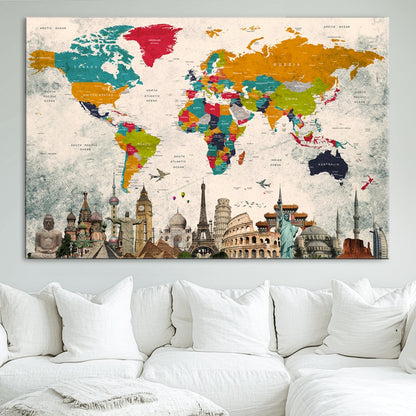 Push Pin World Map Canvas Print – Framed Wall Art for Couples to Track Their Travels – Anniversary Gift or Home Adventure Decor