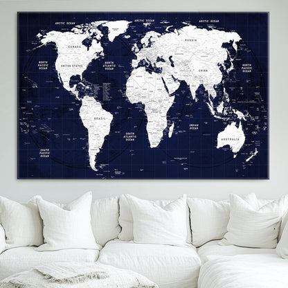 Push Pin World Map Canvas Print – Framed Wall Art for Couples to Track Their Travels – Anniversary Gift or Home Adventure Decor