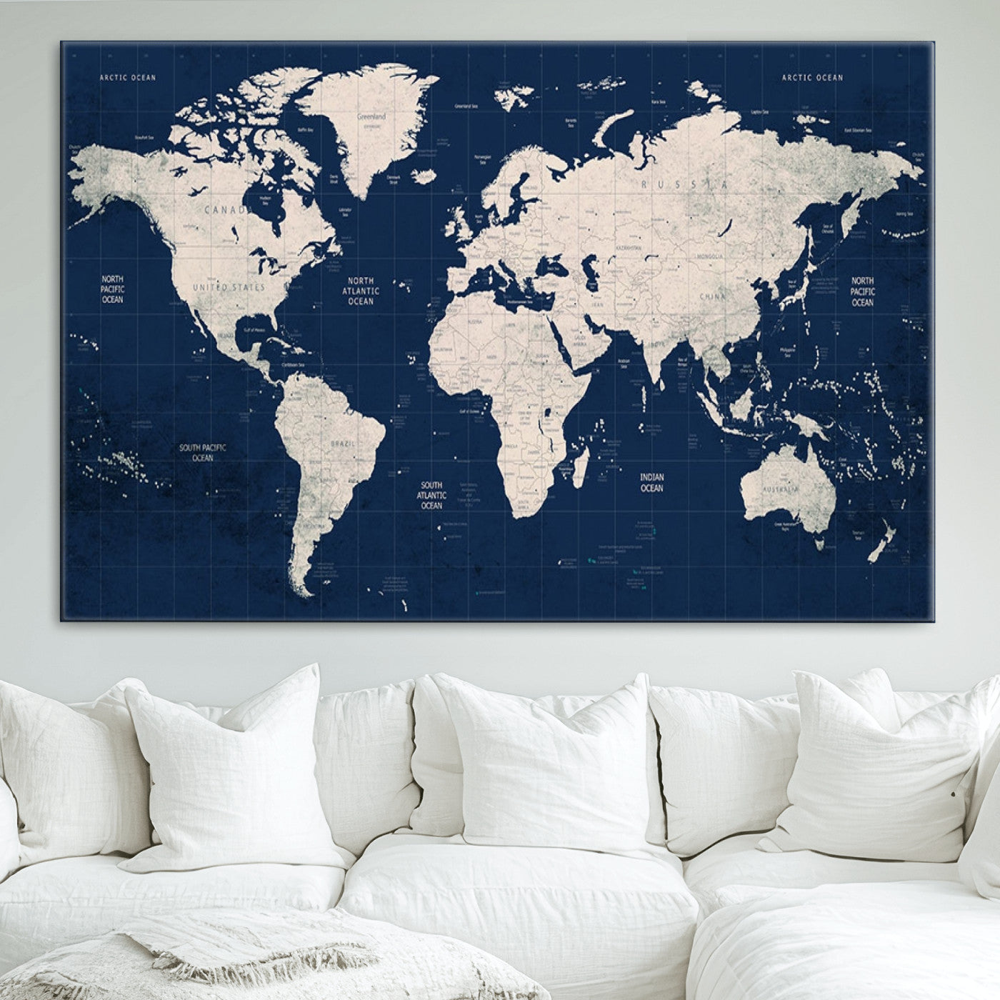 Push Pin World Map Canvas Print – Framed Wall Art for Couples to Track Their Travels – Anniversary Gift or Home Adventure Decor