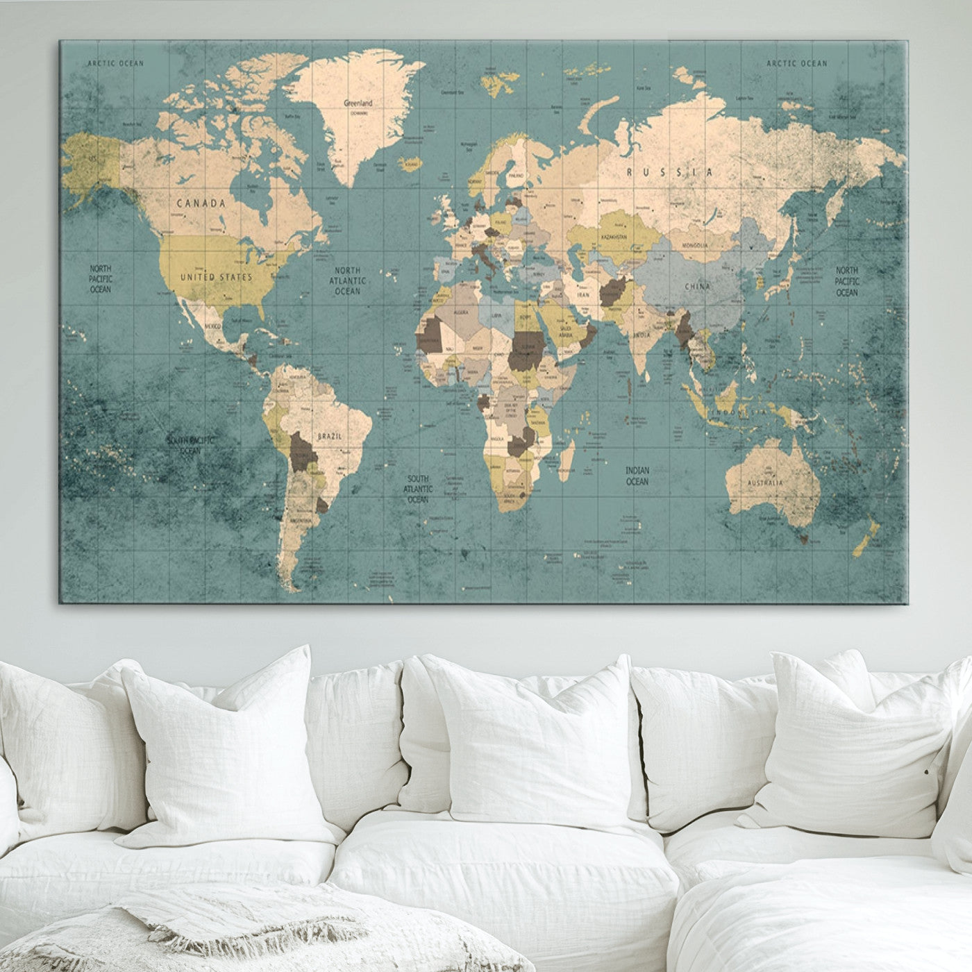 Classic World Map Wall Art Canvas Print, Framed Retro Map Art Picture Print, Vintage Atlas Perfect Rustic Explorer Decor Artwork