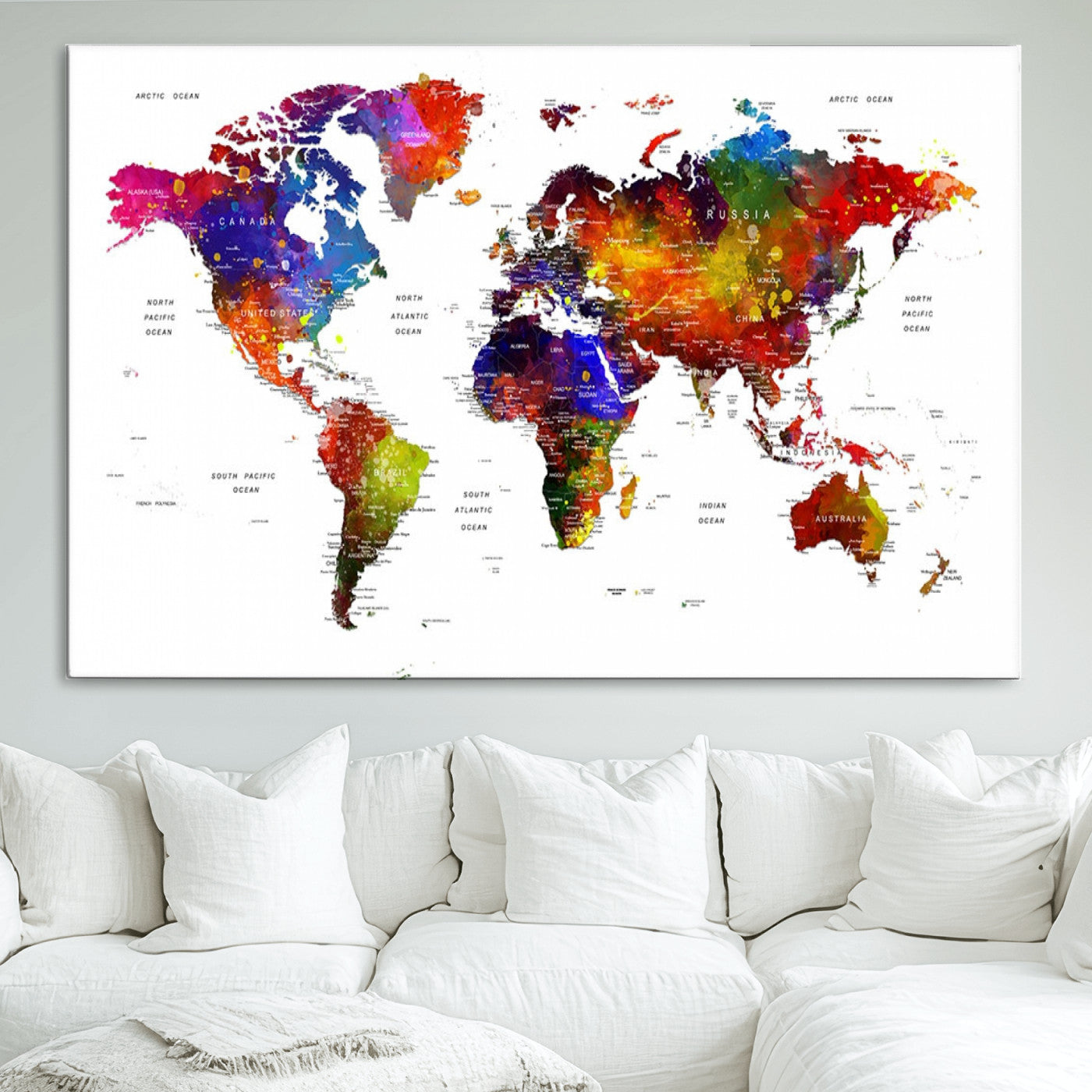 Push Pin World Map Canvas Print – Framed Wall Art for Couples to Track Their Travels – Anniversary Gift or Home Adventure Decor