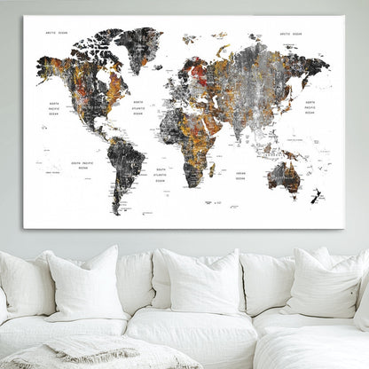 Push Pin World Map Canvas Print – Framed Wall Art for Couples to Track Their Travels – Anniversary Gift or Home Adventure Decor