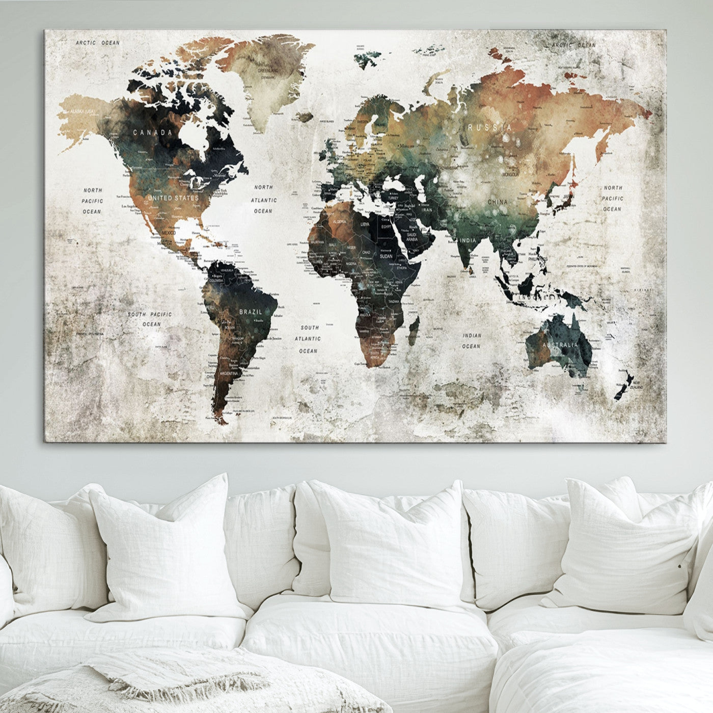 Push Pin World Map Canvas Print – Framed Wall Art for Couples to Track Their Travels – Anniversary Gift or Home Adventure Decor