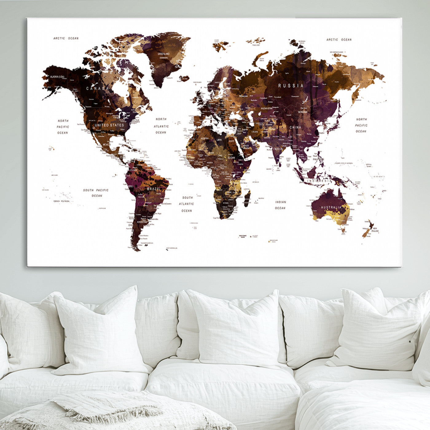 Push Pin World Map Canvas Print – Framed Wall Art for Couples to Track Their Travels – Anniversary Gift or Home Adventure Decor