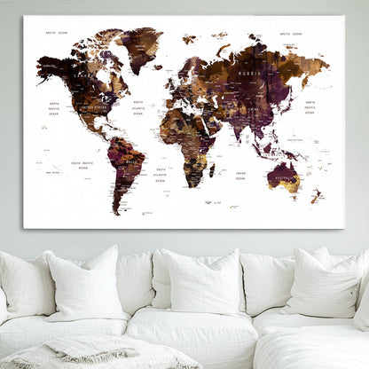 Push Pin World Map Canvas Print – Framed Wall Art for Couples to Track Their Travels – Anniversary Gift or Home Adventure Decor