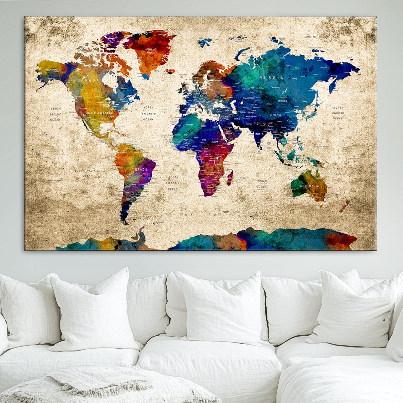 Push Pin World Map Canvas Print – Framed Wall Art for Couples to Track Their Travels – Anniversary Gift or Home Adventure Decor