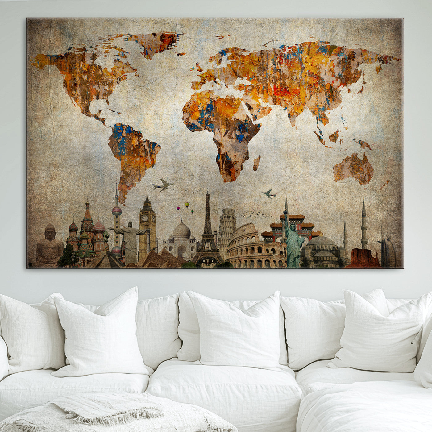 Push Pin World Map Canvas Print – Framed Wall Art for Couples to Track Their Travels – Anniversary Gift or Home Adventure Decor