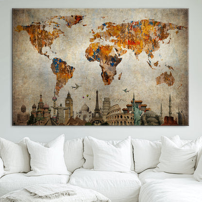 Push Pin World Map Canvas Print – Framed Wall Art for Couples to Track Their Travels – Anniversary Gift or Home Adventure Decor